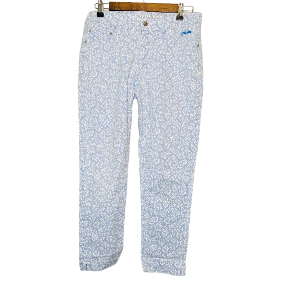 Blue and White floral leaf design cotton Slim-Fit Ankle-Length Trousers